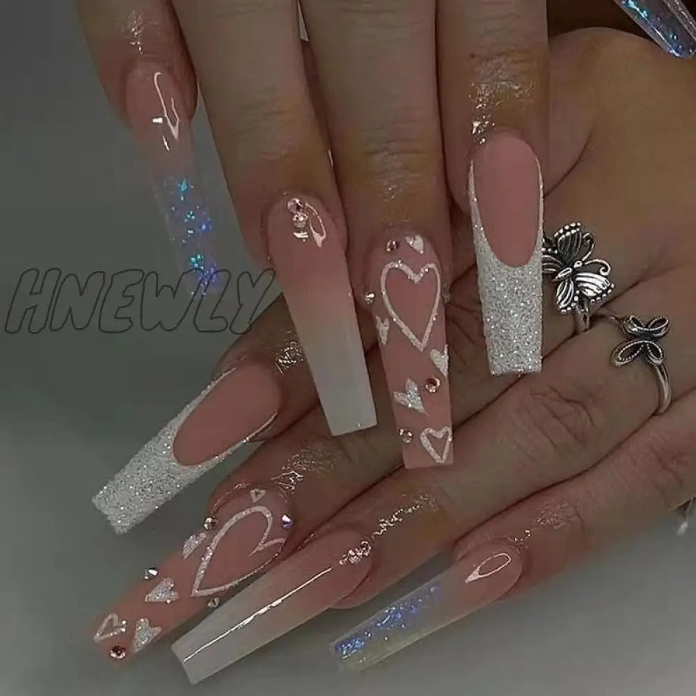 24Pcs/Box Long T Handmade Valentine’s Day French Flame Wave Love With Diamond False Nail