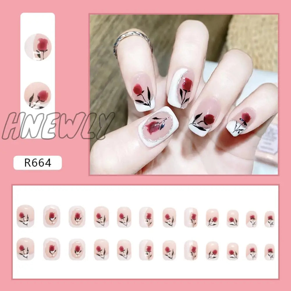 24Pcs/Box Red Ballerina Fake Nails Press On Nial Art Tips False Coffin Artificial