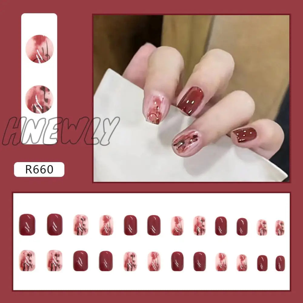 24Pcs/Box Red Ballerina Fake Nails Press On Nial Art Tips False Coffin Artificial R660