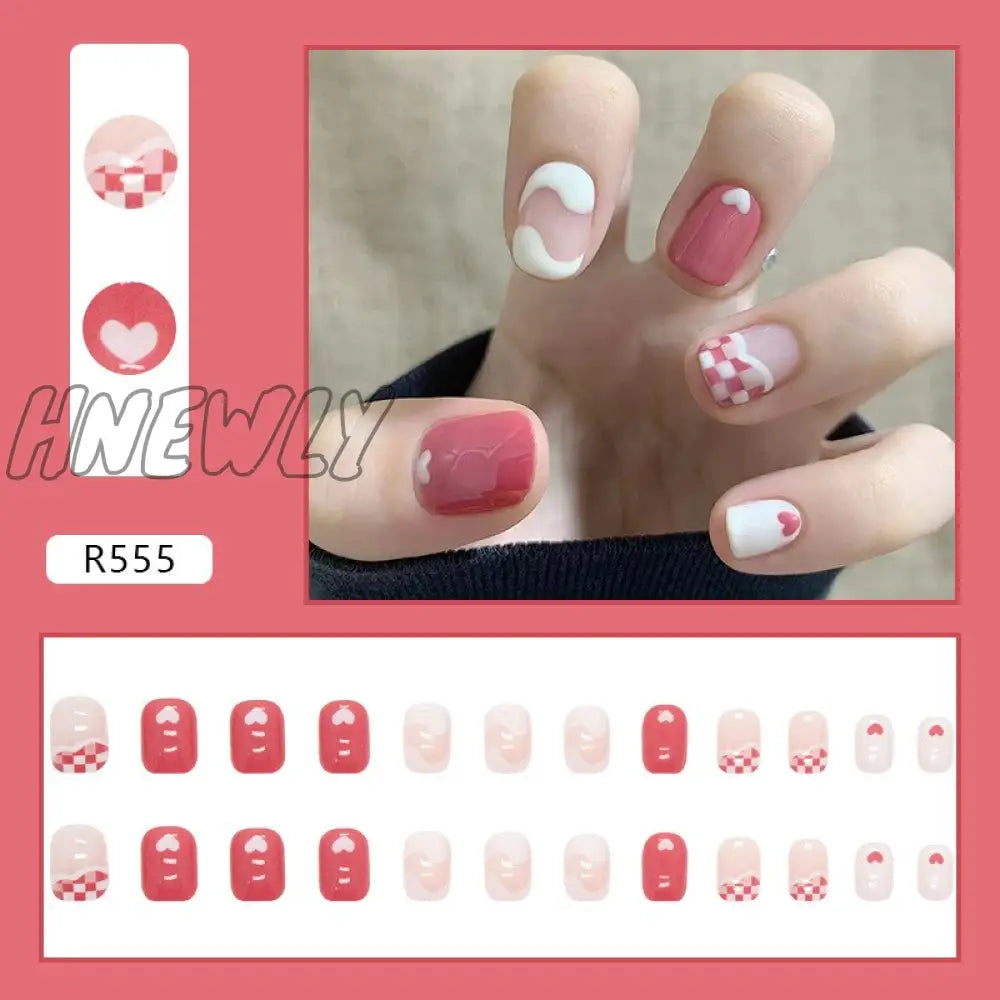 24Pcs/Box Sweet Short Round/Square Head False Nail Art Full Cover Detachable Artificial Fake Nails