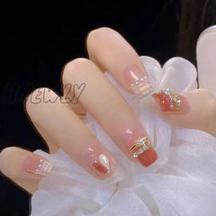 24Pcs Bridal Nail Art Tips With Design Press On Nails Long False Glue Coffin Nail Rhinestones