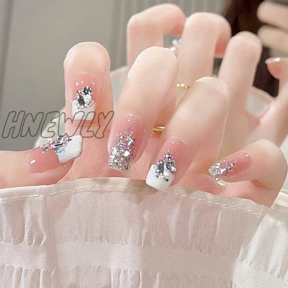 24Pcs Bridal Nail Art Tips With Design Press On Nails Long False Glue Coffin Nail Rhinestones