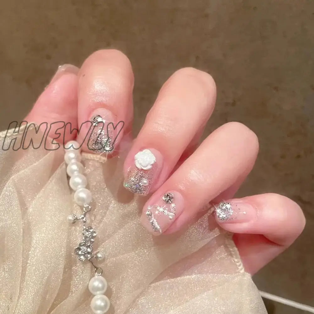 24Pcs Bridal Nail Art Tips With Design Press On Nails Long False Glue Coffin Nail Rhinestones