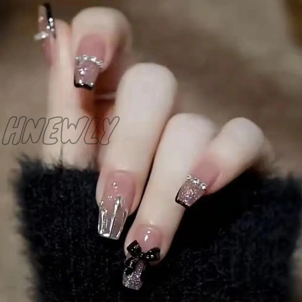 24Pcs Bridal Nail Art Tips With Design Press On Nails Long False Glue Coffin Nail Rhinestones