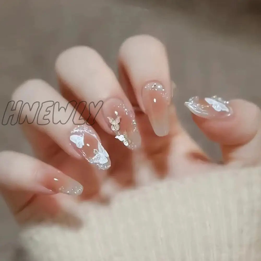 24Pcs Bridal Nail Art Tips With Design Press On Nails Long False Glue Coffin Nail Rhinestones