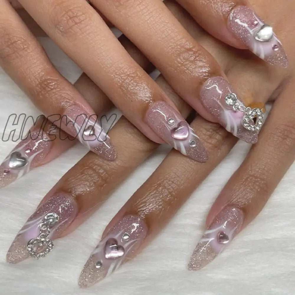 24Pcs Bridal Nail Art Tips With Design Press On Nails Long False Glue Coffin Nail Rhinestones