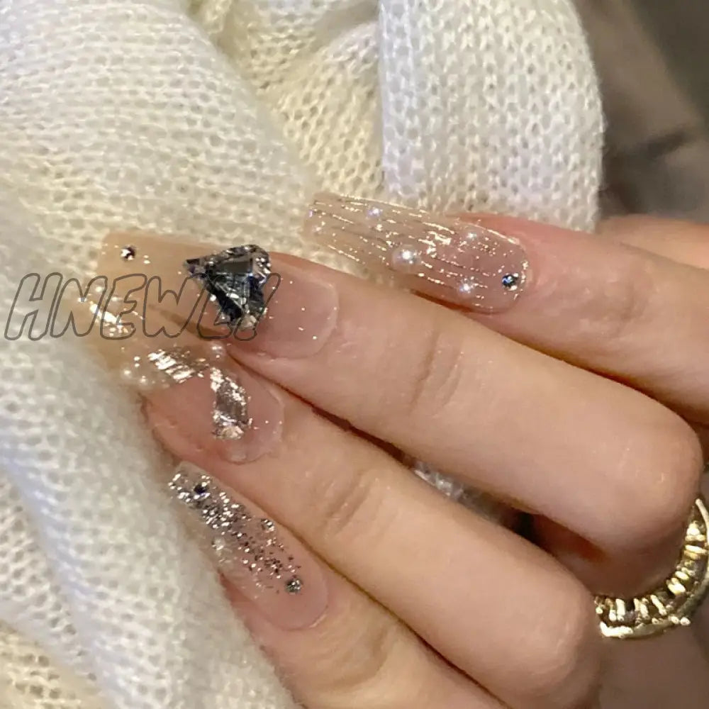 24Pcs Bridal Nail Art Tips With Design Press On Nails Long False Glue Coffin Nail Rhinestones