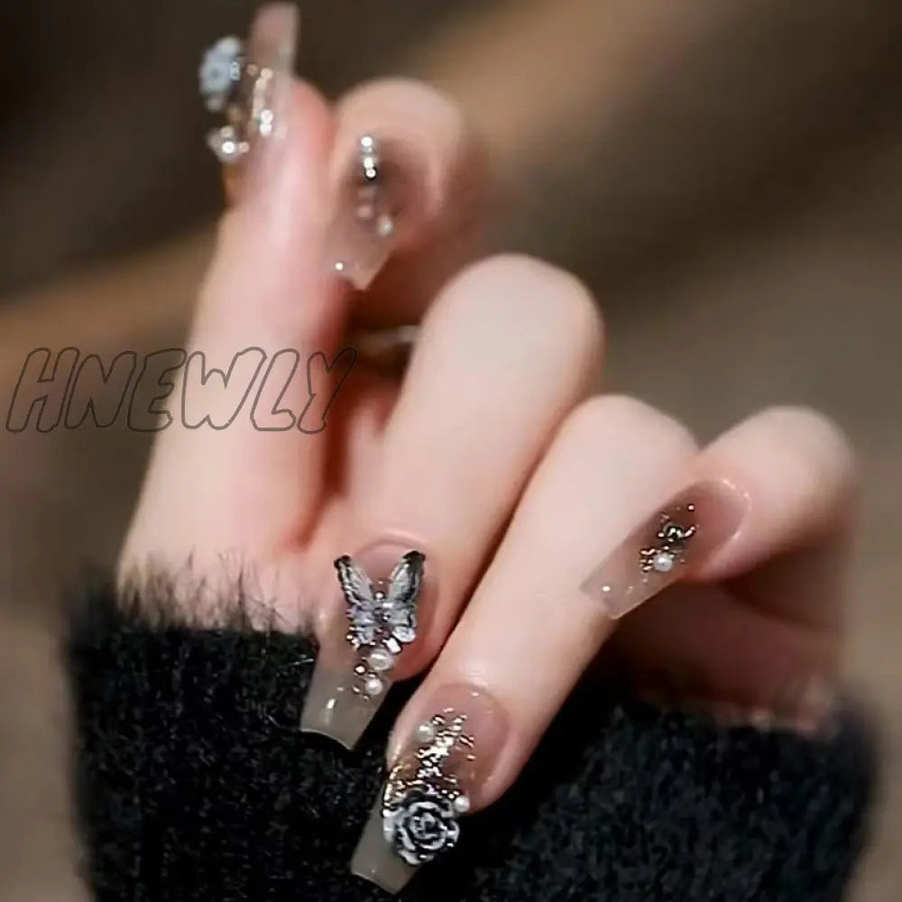 24Pcs Bridal Nail Art Tips With Design Press On Nails Long False Glue Coffin Nail Rhinestones