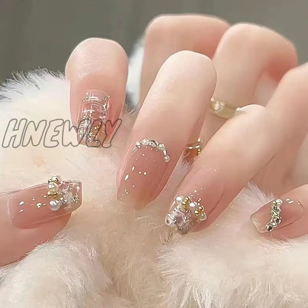 24Pcs Bridal Nail Art Tips With Design Press On Nails Long False Glue Coffin Nail Rhinestones