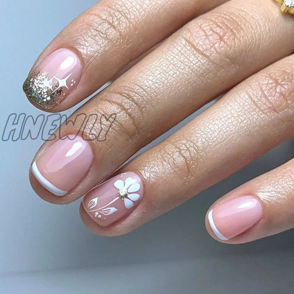 24Pcs Bridal Nail Art Tips With Design Press On Nails Long False Glue Coffin Nail Rhinestones