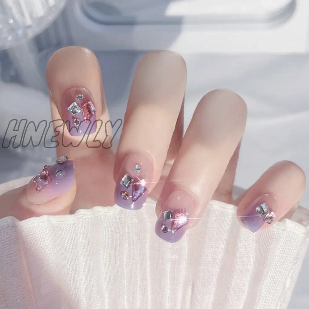 24Pcs Bridal Nail Art Tips With Design Press On Nails Long False Glue Coffin Nail Rhinestones