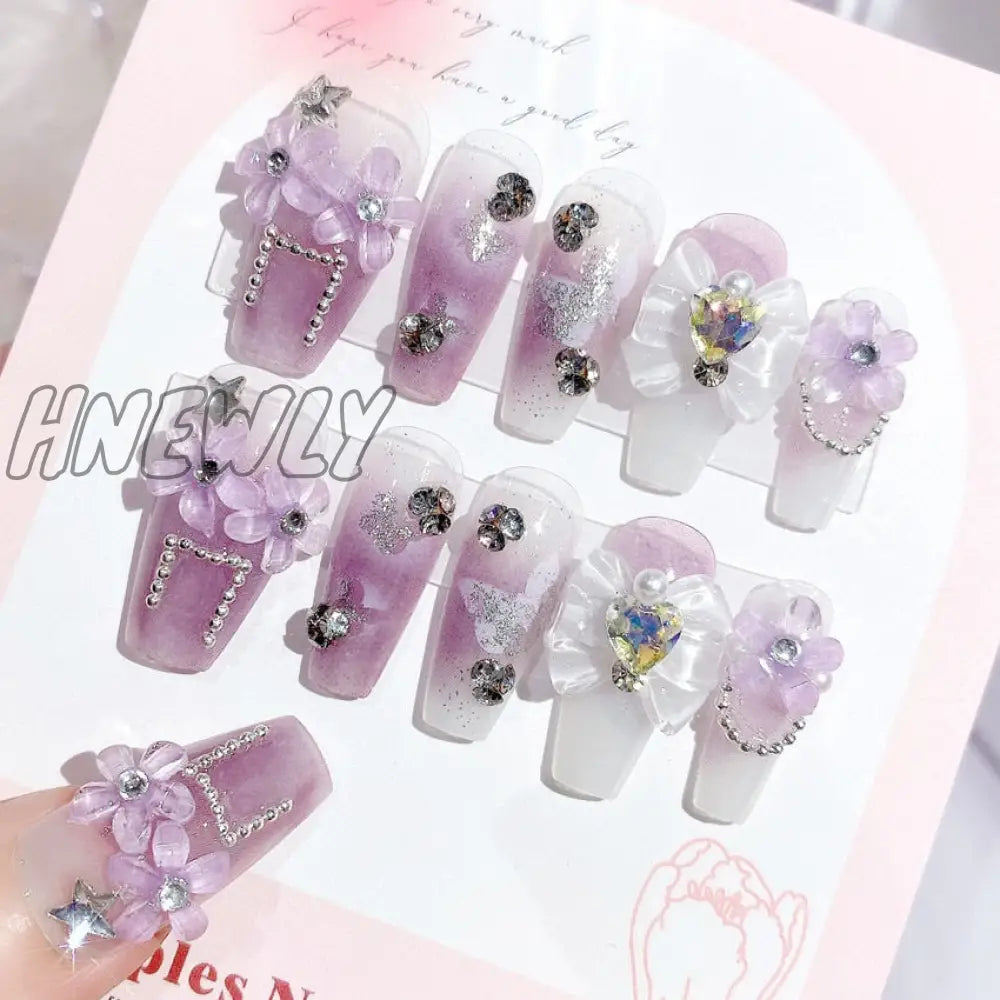 24Pcs Bridal Nail Art Tips With Design Press On Nails Long False Glue Coffin Nail Rhinestones