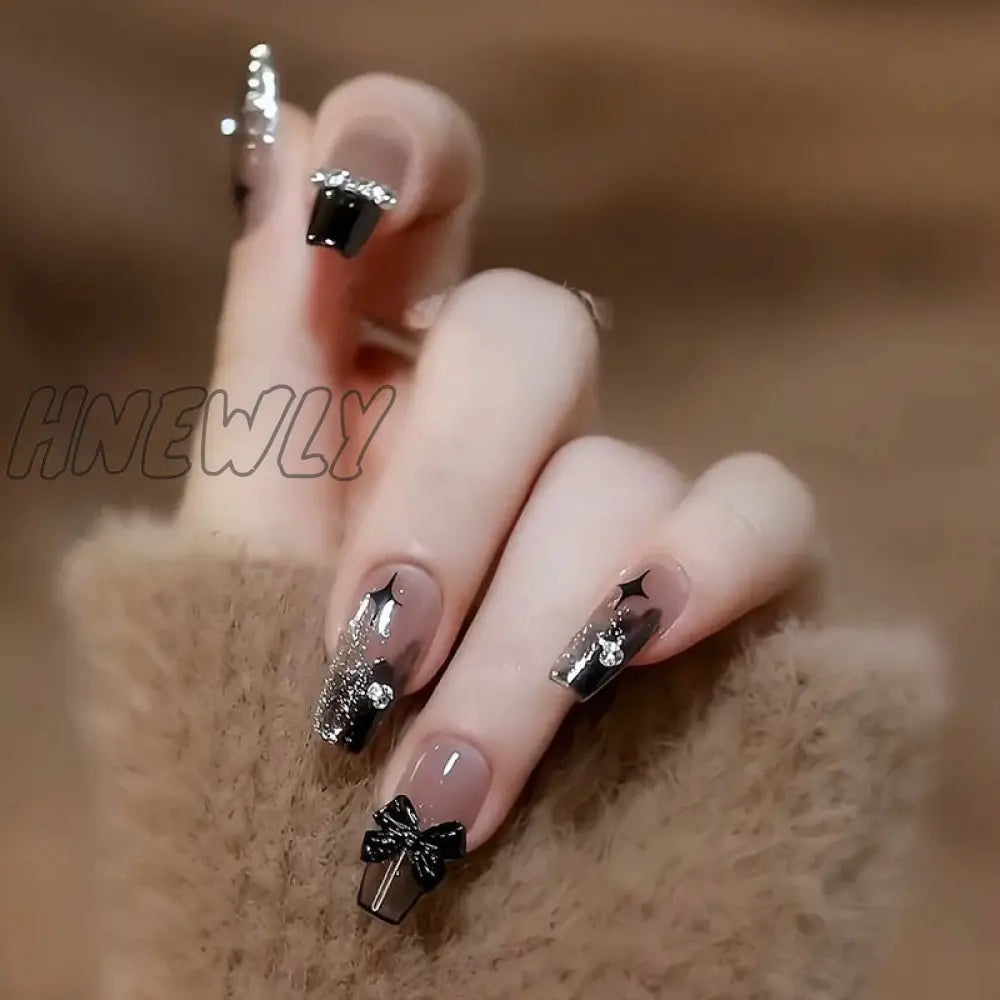 24Pcs Bridal Nail Art Tips With Design Press On Nails Long False Glue Coffin Nail Rhinestones