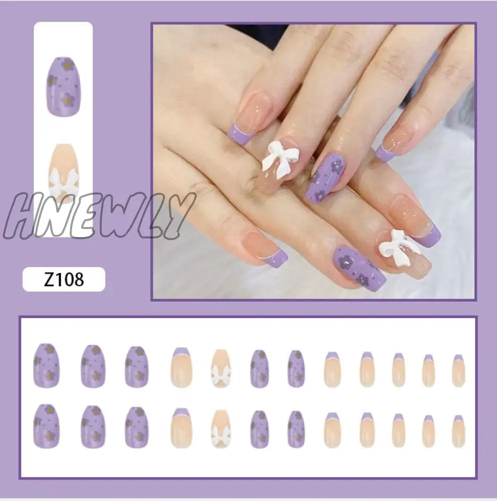 24Pcs Butterfly Decorated False Nails Removable Long Paragraph Fashion Manicure Fake Nail Tips Full