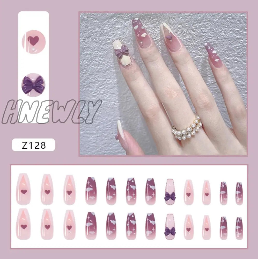 24Pcs Butterfly Decorated False Nails Removable Long Paragraph Fashion Manicure Fake Nail Tips Full