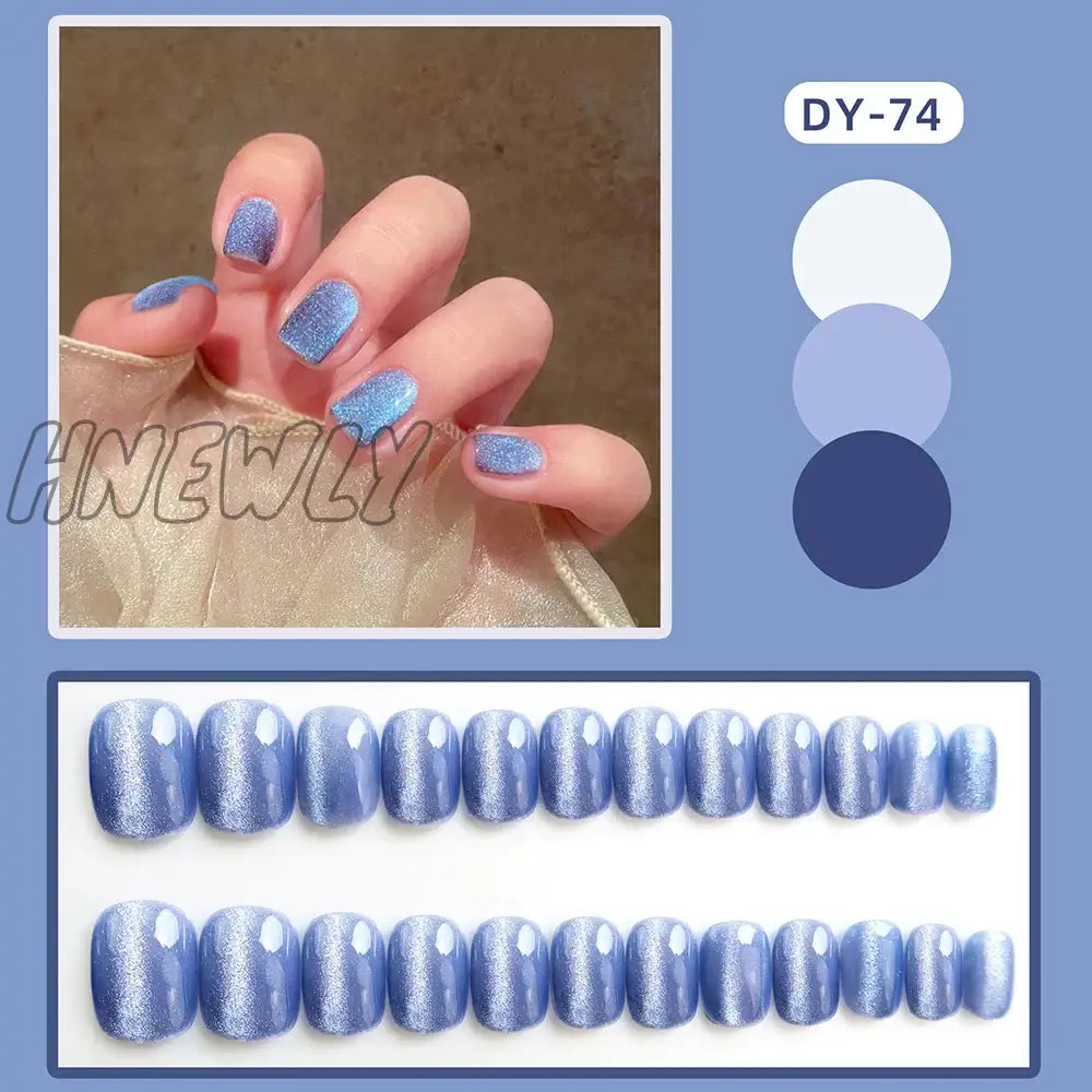 24Pcs Cat Eye False Nail Deep Blue Color Fake Tips Full Cover Art Long Coffin Ballet Press On