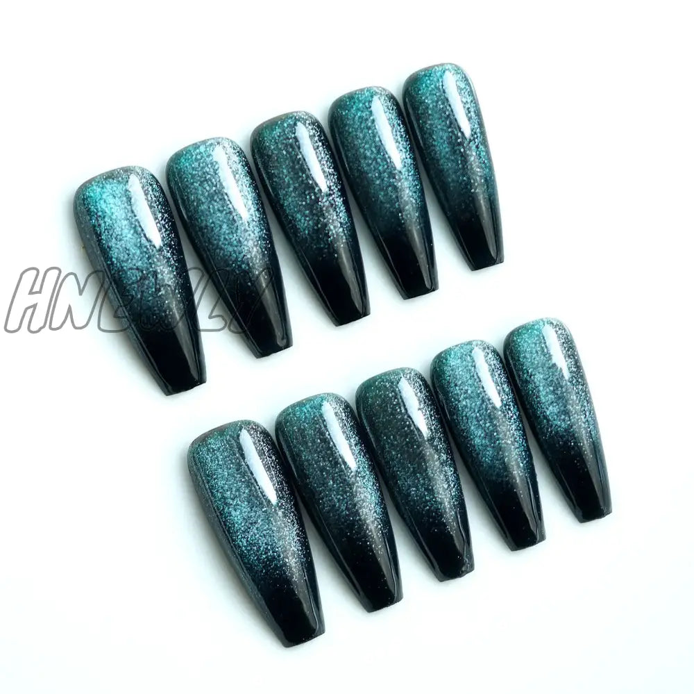 24Pcs Cat Eye False Nail Deep Blue Color Fake Tips Full Cover Art Long Coffin Ballet Press On