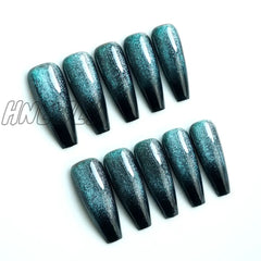 24Pcs Cat Eye False Nail Deep Blue Color Fake Tips Full Cover Art Long Coffin Ballet Press On