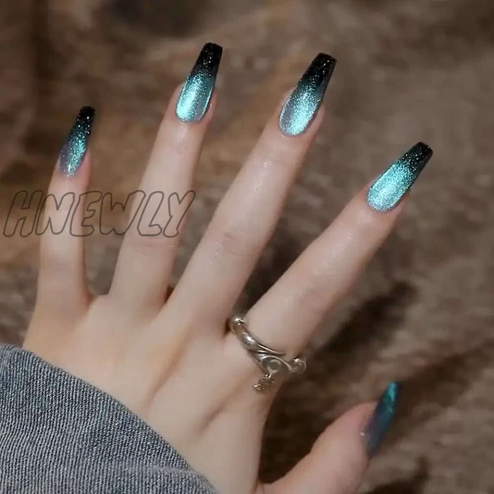 24Pcs Cat Eye False Nail Deep Blue Color Fake Tips Full Cover Art Long Coffin Ballet Press On