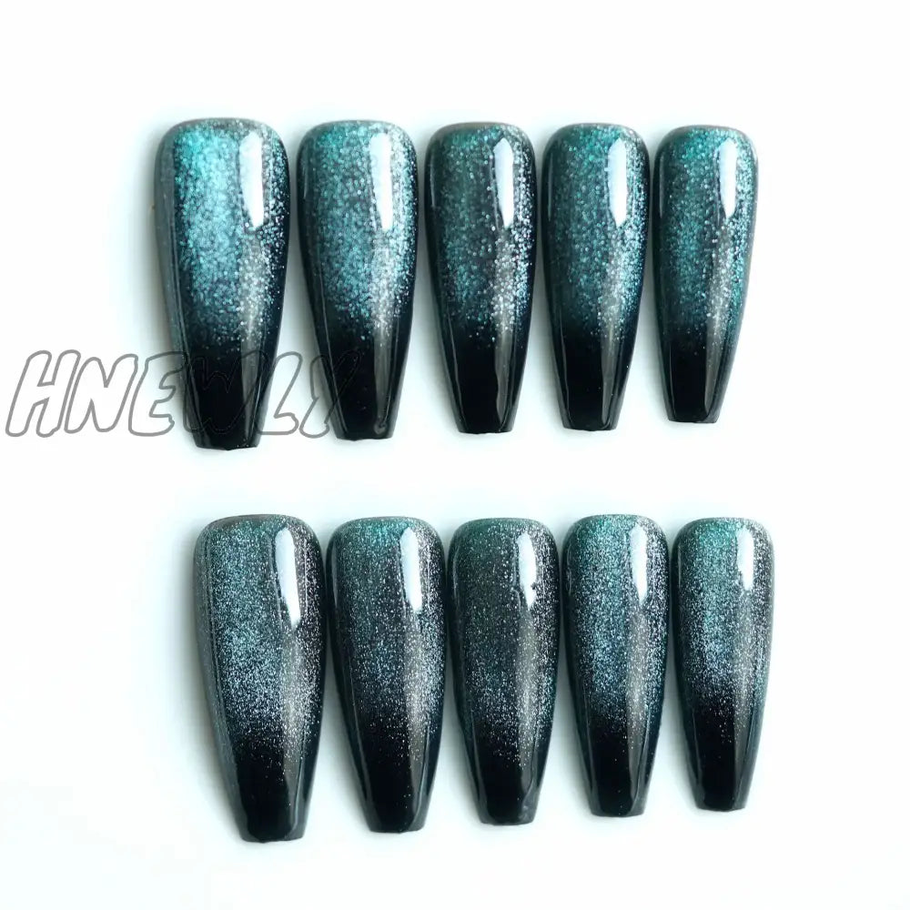 24Pcs Cat Eye False Nail Deep Blue Color Fake Tips Full Cover Art Long Coffin Ballet Press On