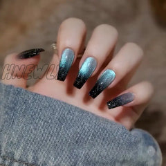 24Pcs Cat Eye False Nail Deep Blue Color Fake Tips Full Cover Art Long Coffin Ballet Press On