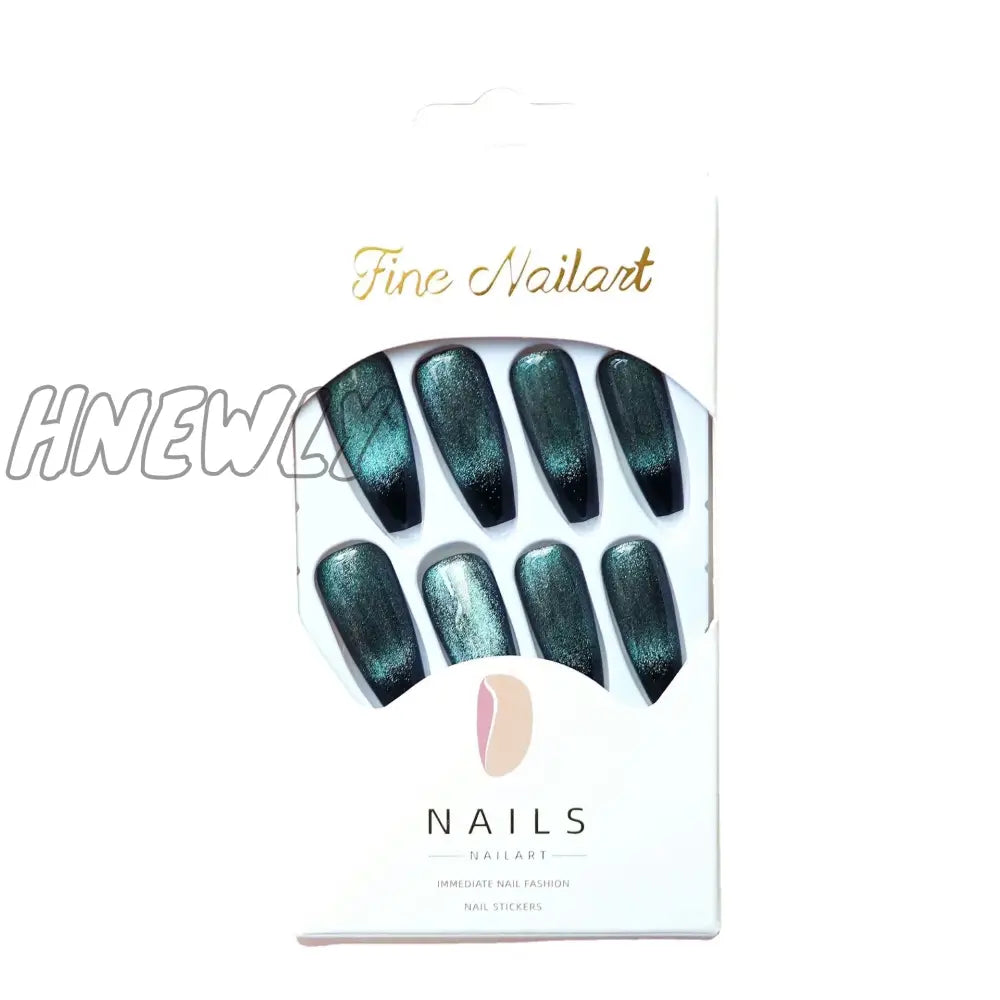 24Pcs Cat Eye False Nail Deep Blue Color Fake Tips Full Cover Art Long Coffin Ballet Press On