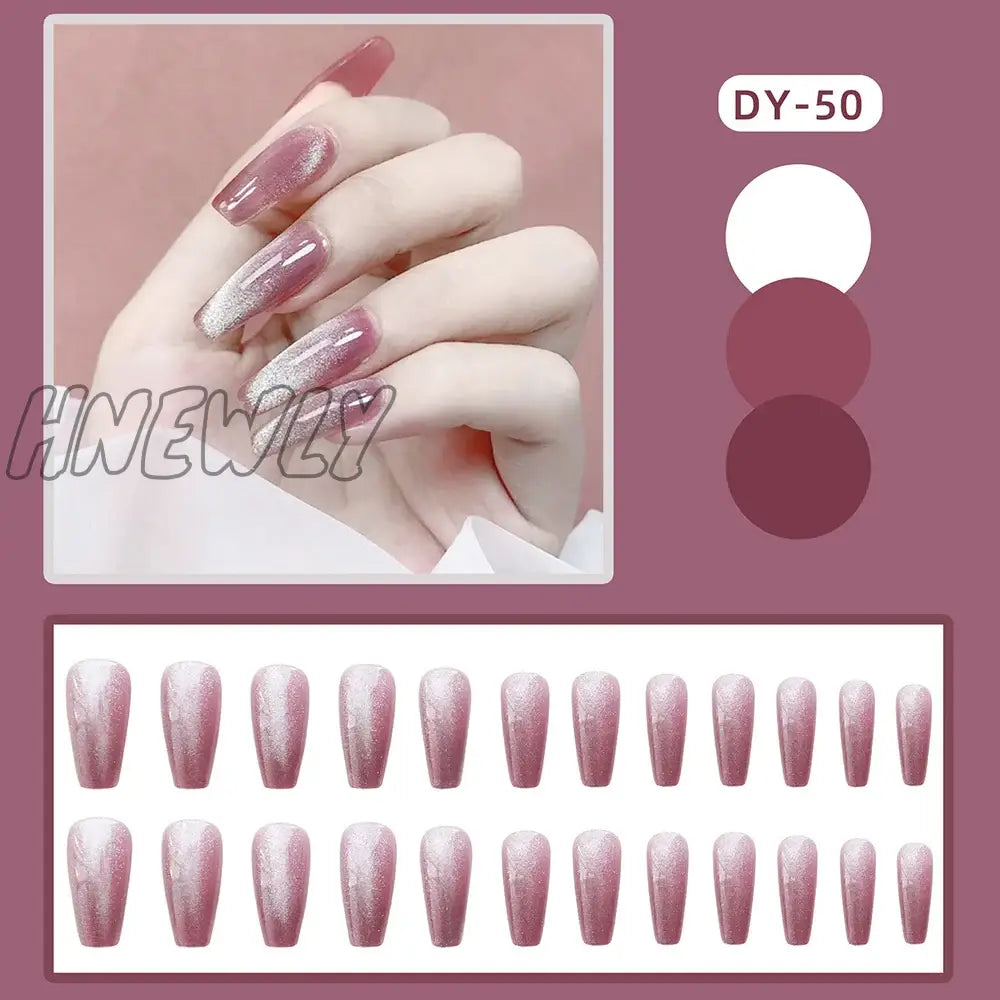 24Pcs Cat Eye False Nail Deep Blue Color Fake Tips Full Cover Art Long Coffin Ballet Press On