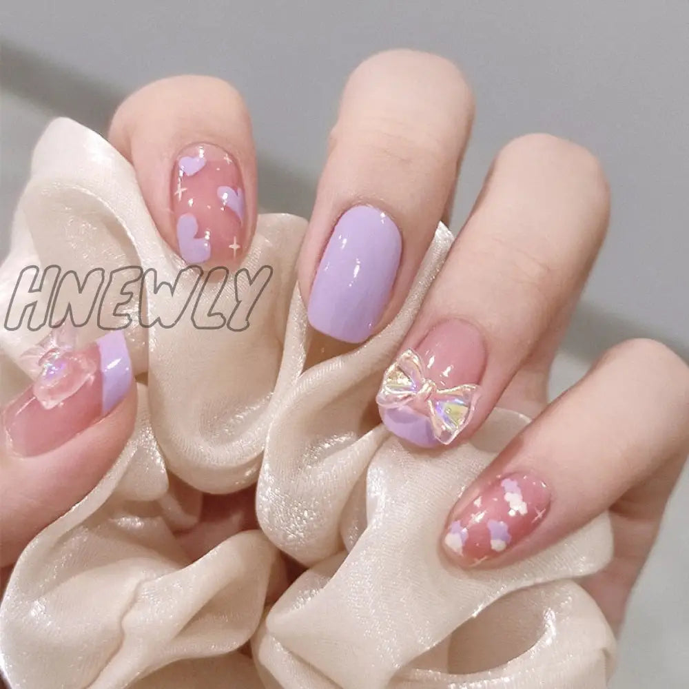 24Pcs Cute Short Square Head False Nails Pink Heart 3D Bow Design Fake Nail With Pearl Rhinestones