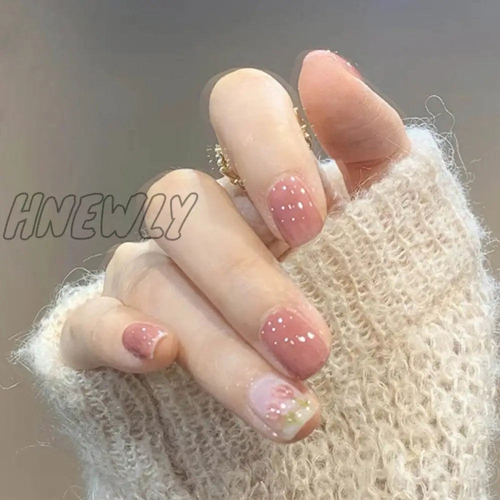 24Pcs Cute Short Square Head False Nails Pink Heart 3D Bow Design Fake Nail With Pearl Rhinestones