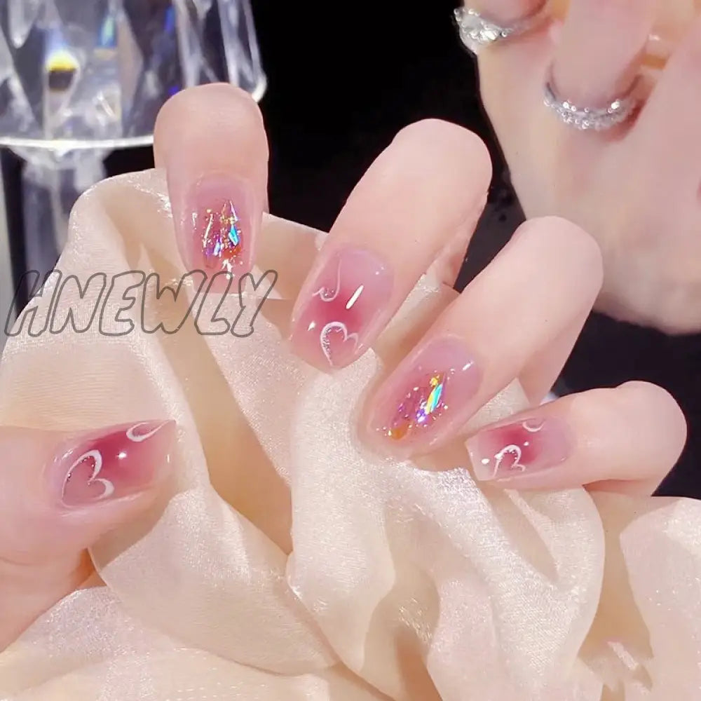 24Pcs Cute Short Square Head False Nails Pink Heart 3D Bow Design Fake Nail With Pearl Rhinestones