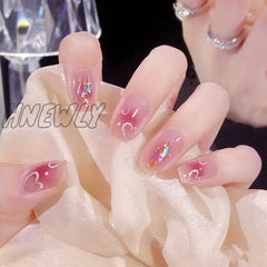 24Pcs Cute Short Square Head False Nails Pink Heart 3D Bow Design Fake Nail With Pearl Rhinestones