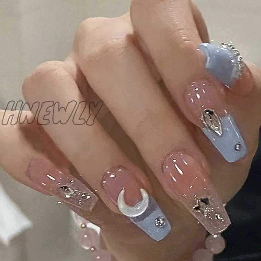 24Pcs Detachable False Nails Ballerina Blue Wearable Fake Full Cover Nail Tips With Moon Design