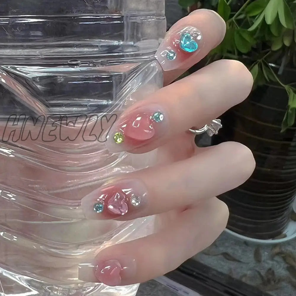 24Pcs Detachable False Nails Ballerina Blue Wearable Fake Full Cover Nail Tips With Moon Design