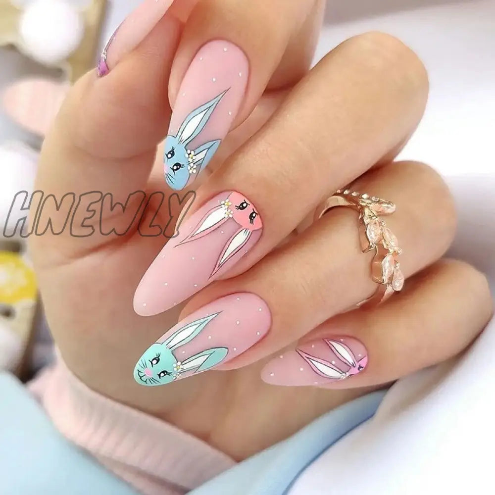 24Pcs Easter Long Coffin False Nails With Rabbit Chicken Designs Wearable Multicolor Ballet Press