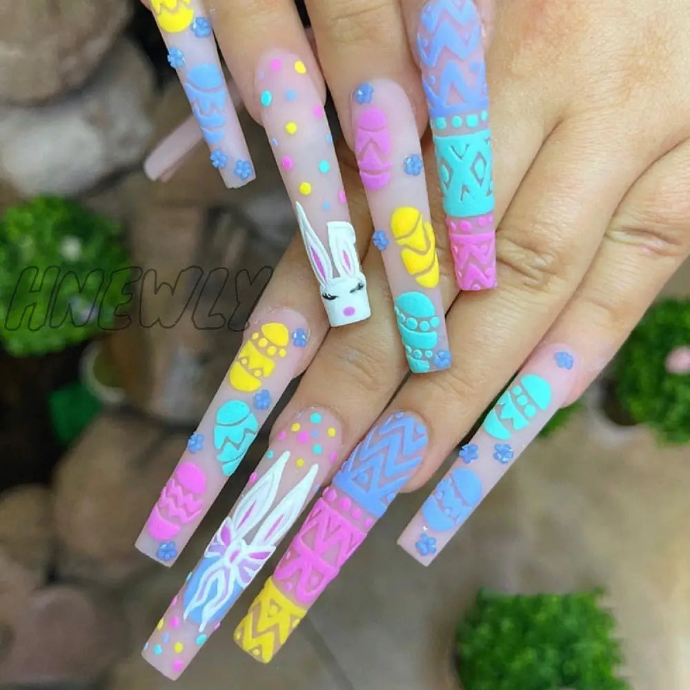 24Pcs Easter Long Coffin False Nails With Rabbit Chicken Designs Wearable Multicolor Ballet Press