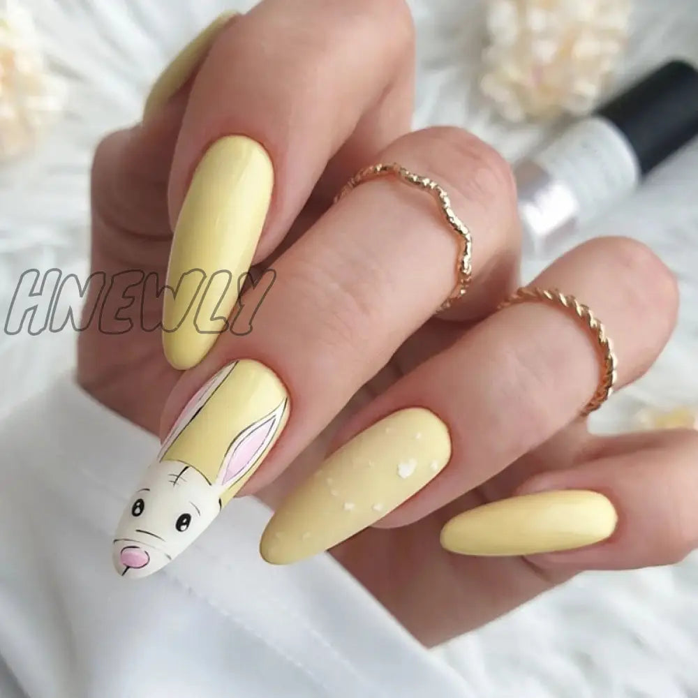 24Pcs Easter Long Coffin False Nails With Rabbit Chicken Designs Wearable Multicolor Ballet Press