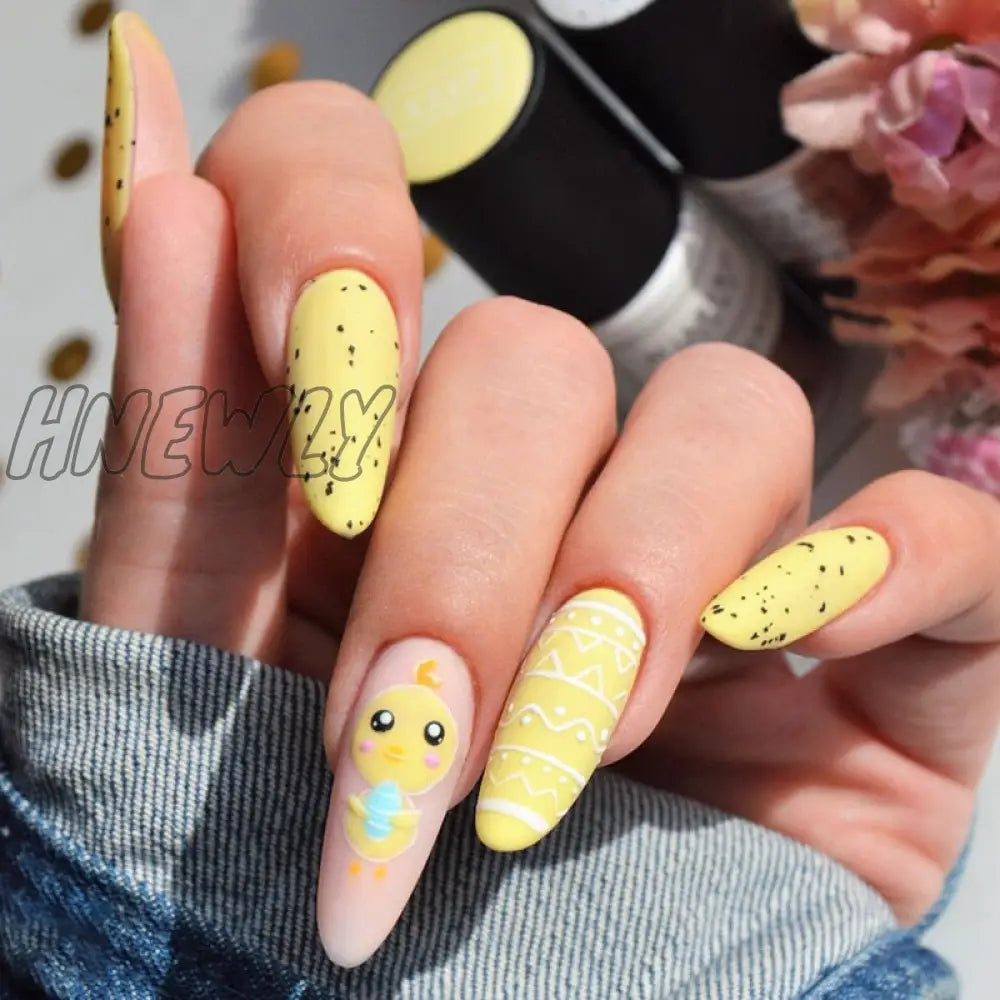 24Pcs Easter Long Coffin False Nails With Rabbit Chicken Designs Wearable Multicolor Ballet Press