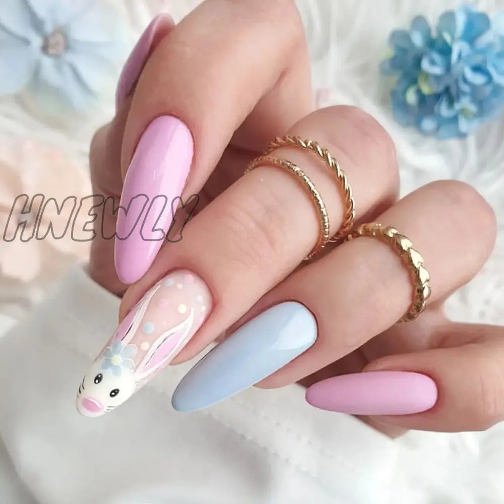 24Pcs Easter Long Coffin False Nails With Rabbit Chicken Designs Wearable Multicolor Ballet Press