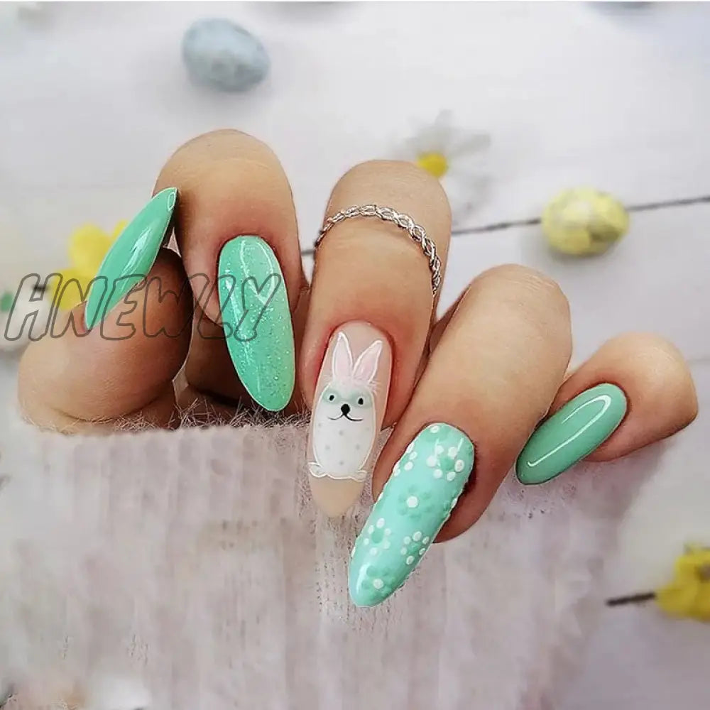 24Pcs Easter Long Coffin False Nails With Rabbit Chicken Designs Wearable Multicolor Ballet Press