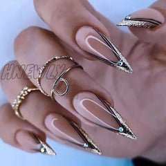 24Pcs Extra Long Stiletto False Nails Pointy French Fake Glitter Detachable Almond Press On Full