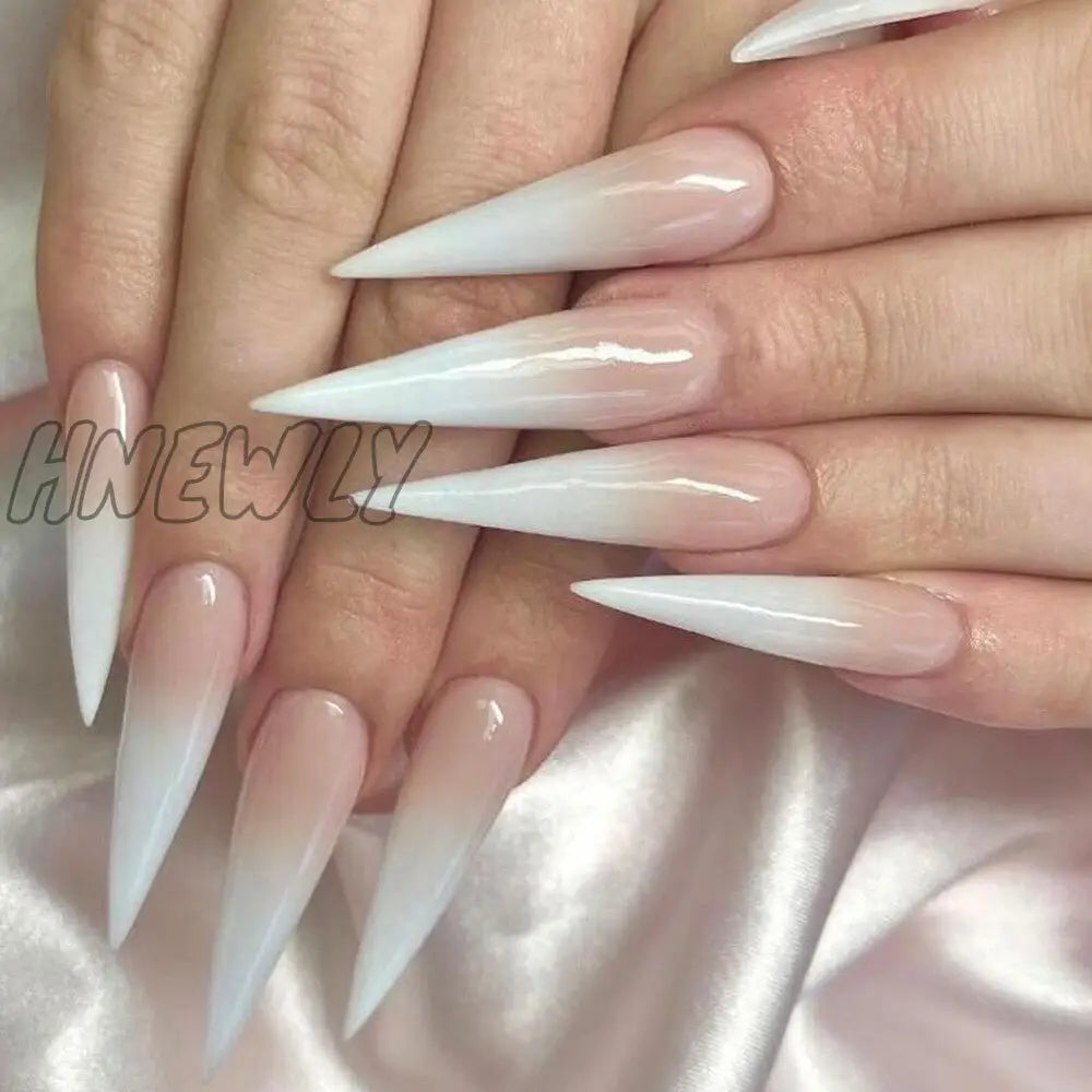 24Pcs Extra Long Stiletto False Nails Pointy French Fake Glitter Detachable Almond Press On Full