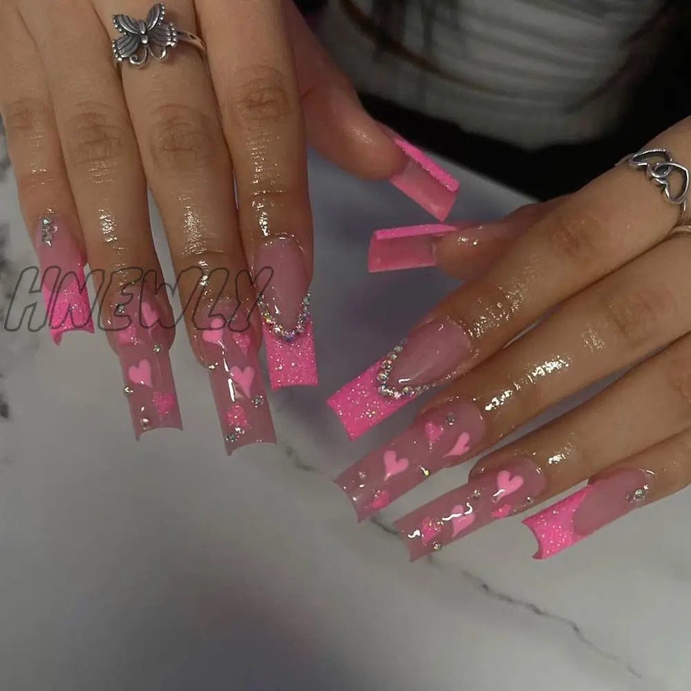 24Pcs False Nails Long Ballet French Fake With Rhinestone Glitter Pink Heart Designs Press On Nail