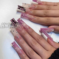 24Pcs False Nails Long Ballet French Fake With Rhinestone Glitter Pink Heart Designs Press On Nail