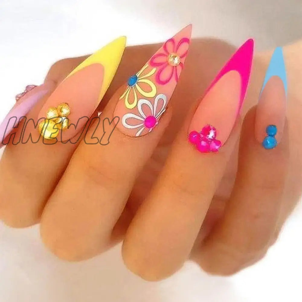 24Pcs False Nails With Glue Almond Pink Butterfly Design Detachable Rhinestones Acrylic Fake Long