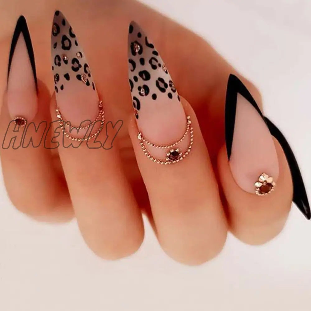 24Pcs False Nails With Glue Almond Pink Butterfly Design Detachable Rhinestones Acrylic Fake Long