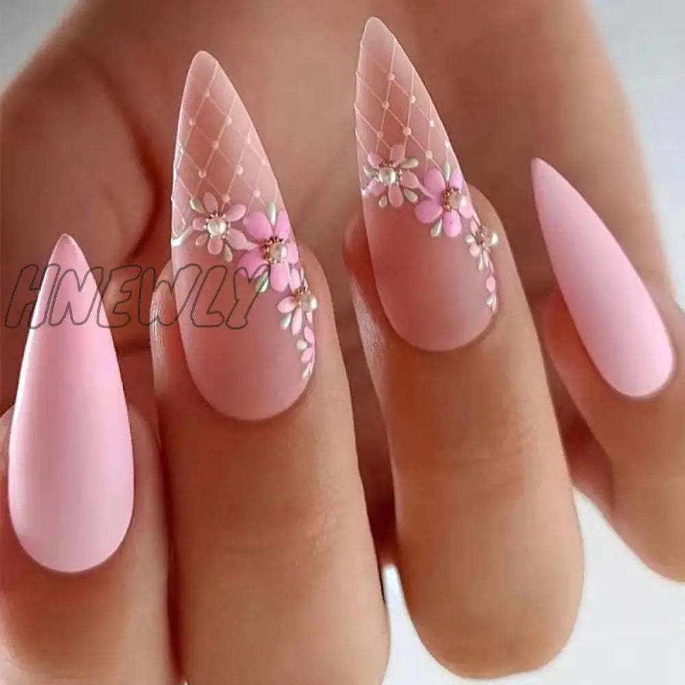 24Pcs False Nails With Glue Almond Pink Butterfly Design Detachable Rhinestones Acrylic Fake Long