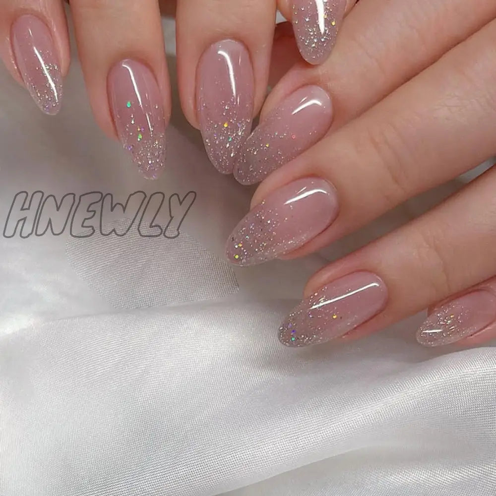 24Pcs False Nails With Glue Almond Pink Butterfly Design Detachable Rhinestones Acrylic Fake Long