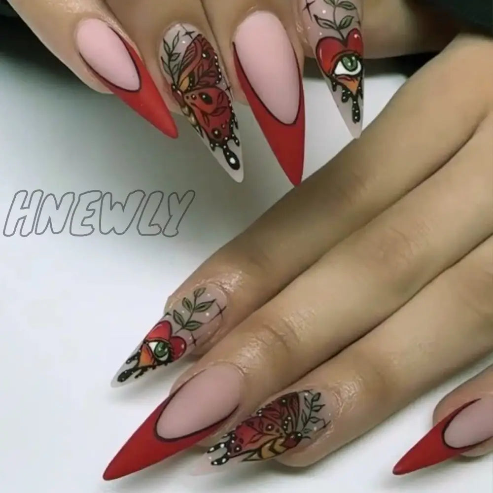 24Pcs False Nails With Glue Almond Pink Butterfly Design Detachable Rhinestones Acrylic Fake Long