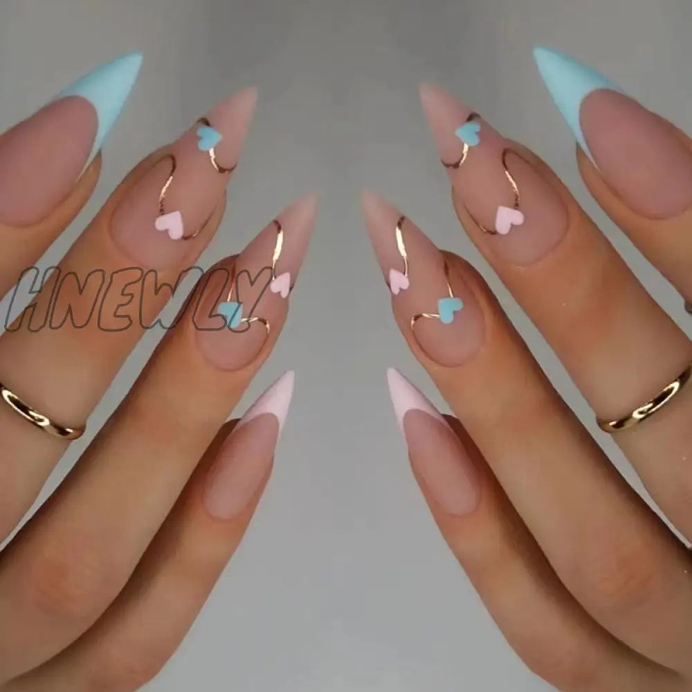 24Pcs False Nails With Glue Almond Pink Butterfly Design Detachable Rhinestones Acrylic Fake Long