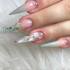 24Pcs False Nails With Glue Almond Pink Butterfly Design Detachable Rhinestones Acrylic Fake Long